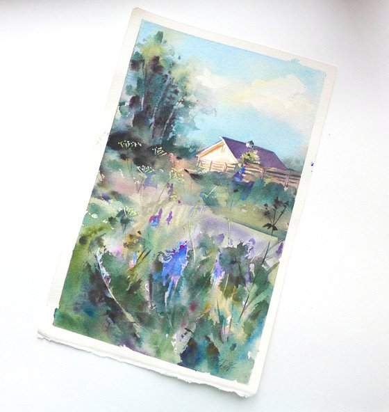 Small watercolor landscape, Summer outside the city