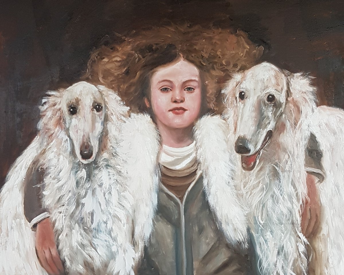 Girl with borzoi dogs by Els Driesen