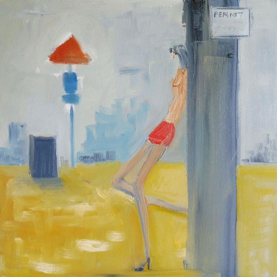 GIRL COOL LEAN POLE, Summer in the City. Original Oil Figurative Painting. Varnished.