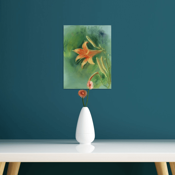 Orange lily on a green background. Pastel painting on cardboard.