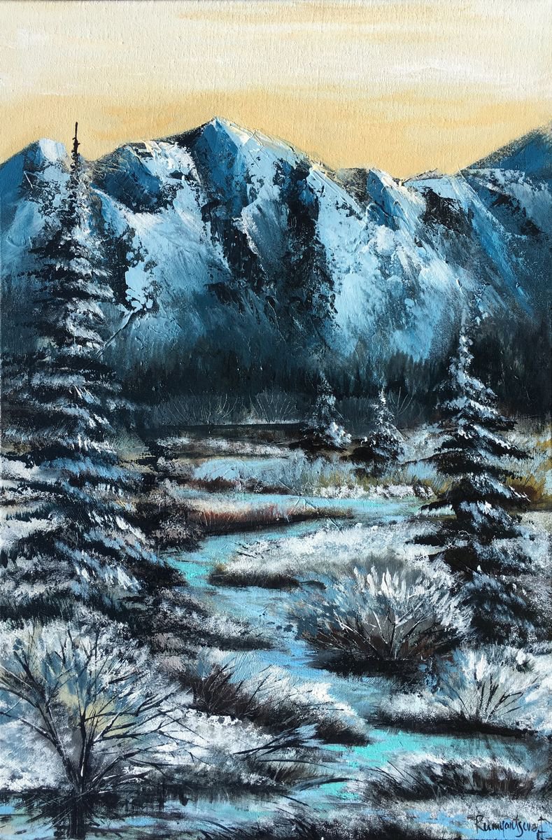 Expressive Landscape Acrylic Painting By Irina Rumyantseva, 20 X 30, Winter Landscape 3, Original Artwork