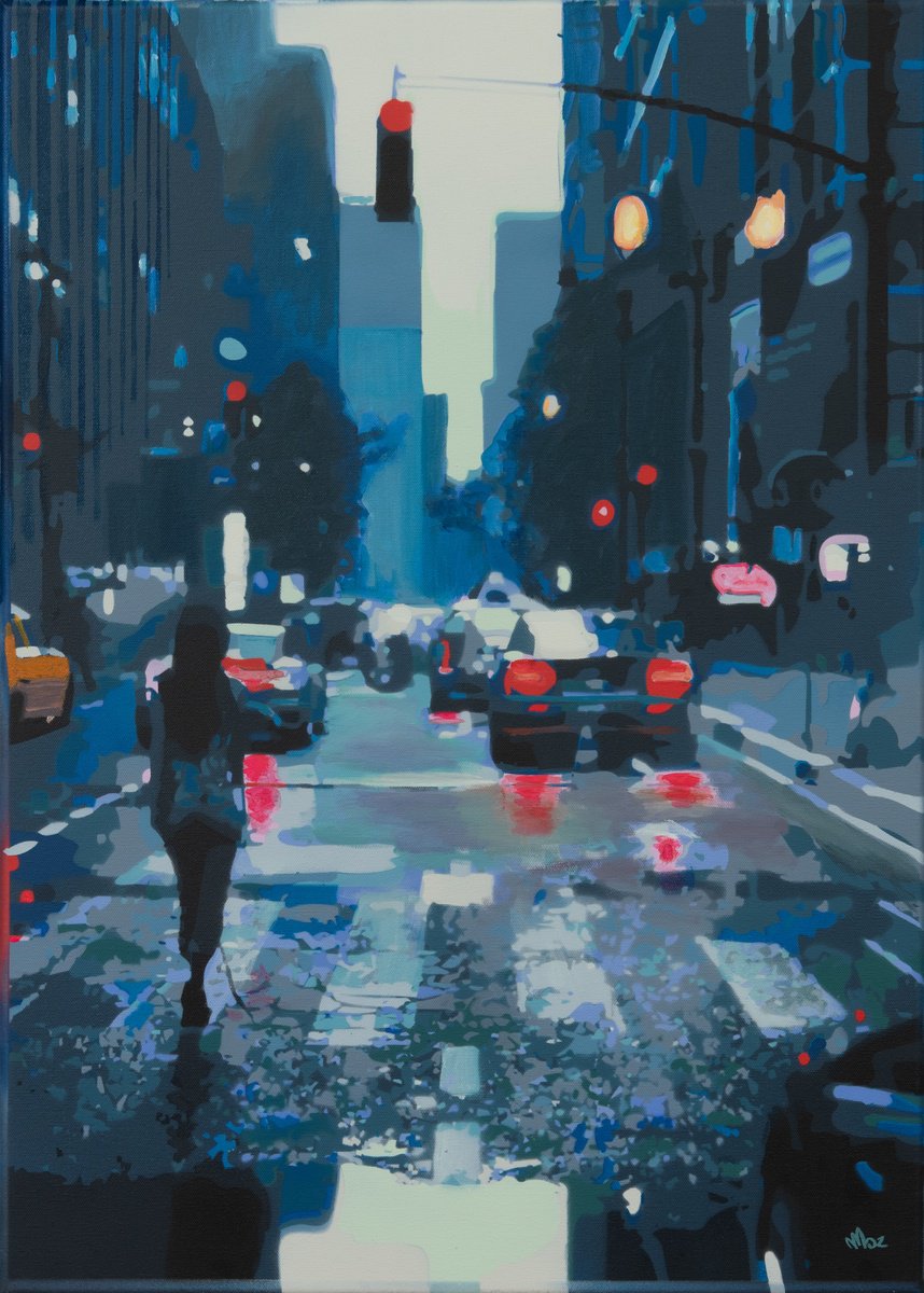 Photorealistic Cityscapes Painting By Marco Barberio, 20 X 28", Urban Solitude, Original Artwork