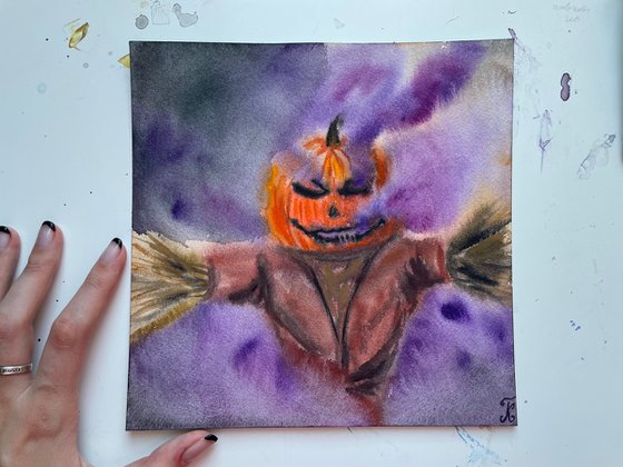 Halloween Watercolor Painting Original, Scarecrow Artwork, Spooky Season Wall Art