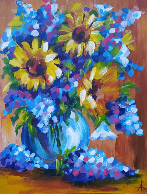 Sunflowers in vase - painting sunflowers, bouquet, sunflowers ukraine, acrylic painting, flower, sunflowers painting original, flowers painting floral,art, gift, home decor by Anastasia Kozorez