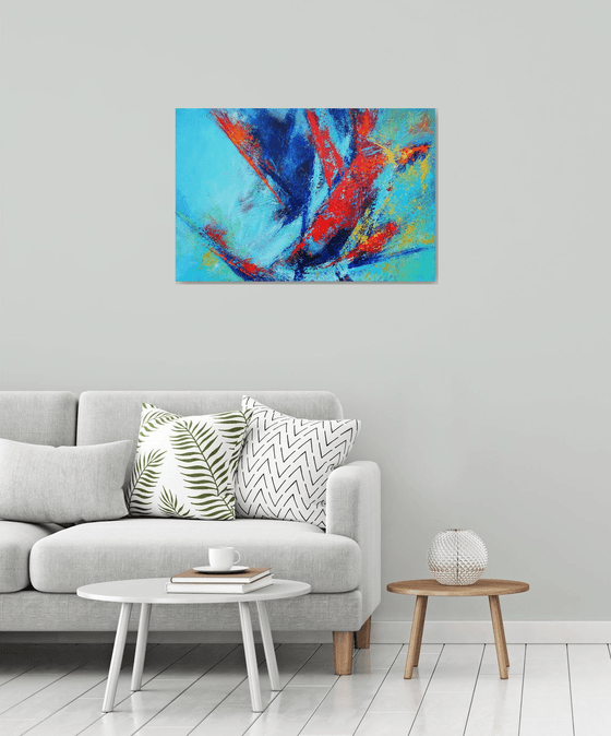 Large Abstract Blue Teal Red Landscape Painting. Modern Textured Art. Abstract. 61x91cm.