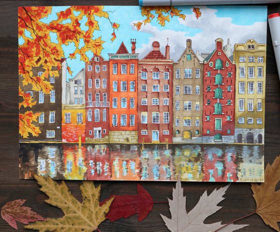 Cityscape with houses of Amsterdam. Autumn city.