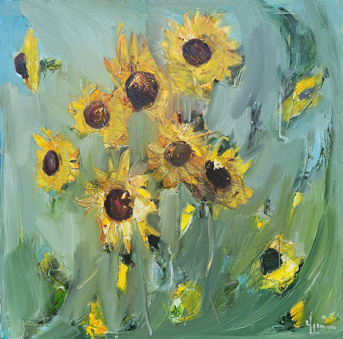 Impressionistic Botanical Oil Painting By Vlas Ayvazyan, 28 X 28", Sunflowers In Motion, Original Artwork