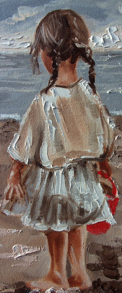 " GIRL WITH A RED BUCKET " original painting palette knife GIFT MODERN URBAN ART OFFICE ART DECOR HOME DECOR GIFT IDEA by Monika Luniak