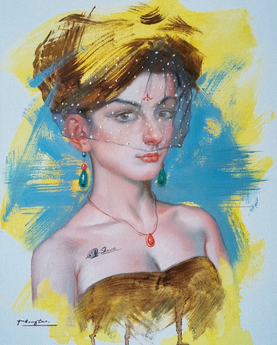 Impressionistic Portrait Oil Painting By Hongtao Huang, 9 X 12, Portrait Of Lady #22056, Original Artwork