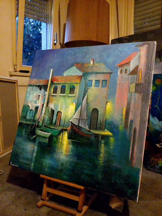 " Venice " Boats - 80 x 80cm Original Oil Painting