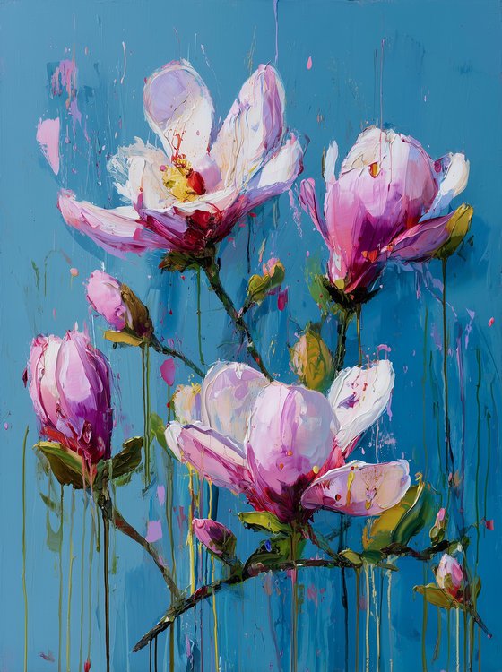 Magnolia on Turquoise Blue