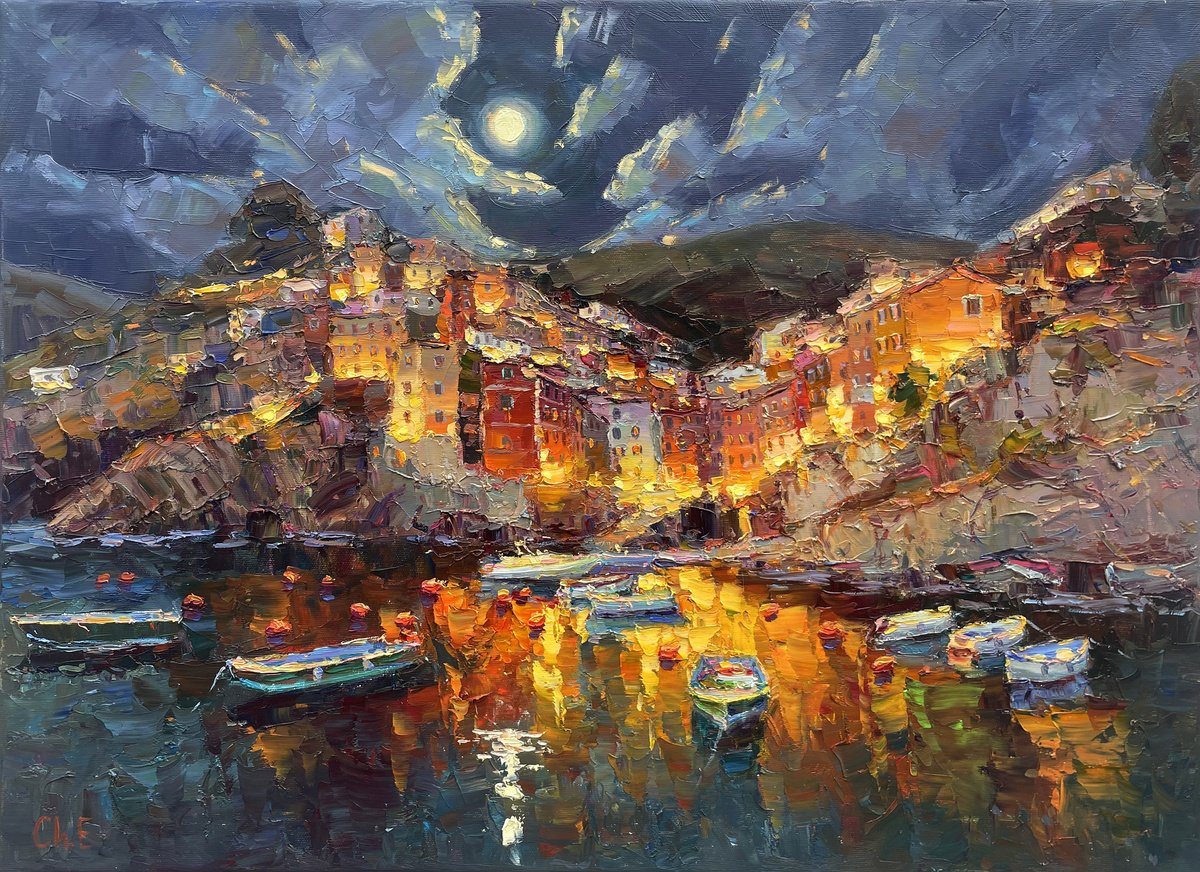 Impressionistic Cityscapes Oil Painting By Evgeny Chernyakovsky, 27 X 20, Night City, Original Artwork