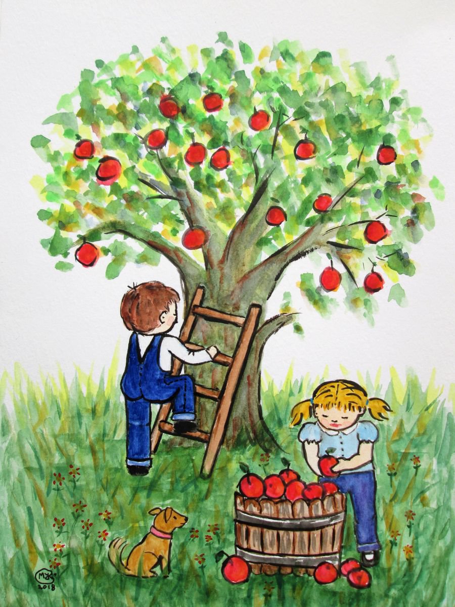 Apple Harvest, children at play, Naive painting by marjansart by MARJANSART