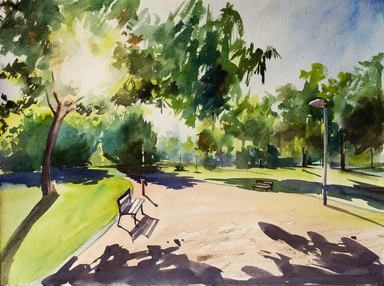 Park in Salamanca, Spain. Original watercolor. Green urban travel city light sun sunlight shadow contrast romantic impressionism