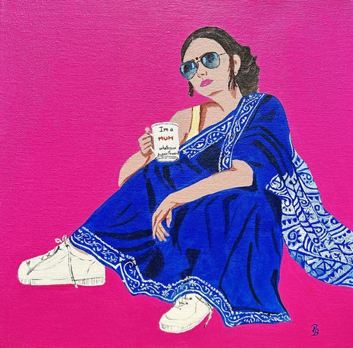 Original POP Art - Super mum Blue Saree Pop Art Indian painting, Modern Asian painting by Parul Baliyan