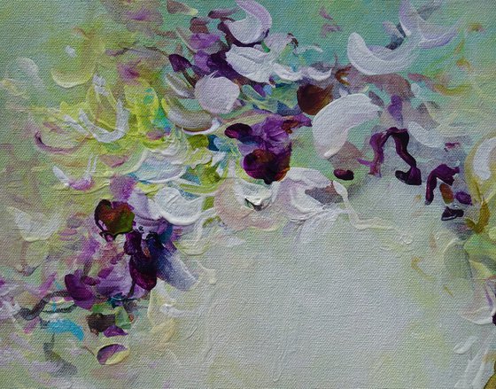 Original Abstract Floral Botanical Painting Textured Art Green Violet Purple Flowers. Textured Modern Impressionistic Art. 2021