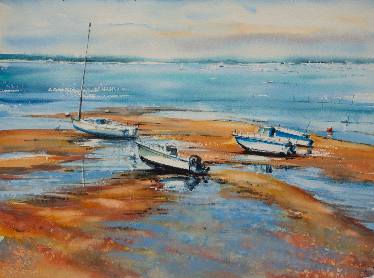 Impressionistic Landscape Watercolour By Eve Mazur, 16 X 12, Low Tide, Original Artwork