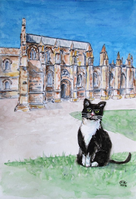 Cat visiting Rosslyn Chapel in Scotland