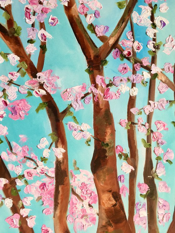 Apple blossom , spring in London white, pink, turquoise 81 x 61 cm  ready to hang oil painting