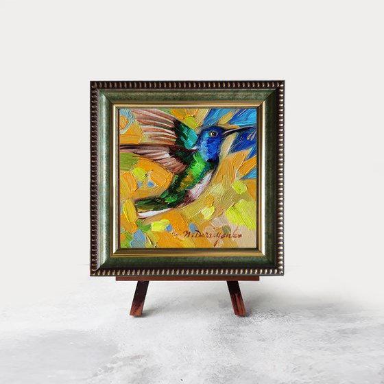 Small artwork Hummingbird oil painting original 4x4, Blue yellow art bird lover gift, Housewarming Host gift thank you