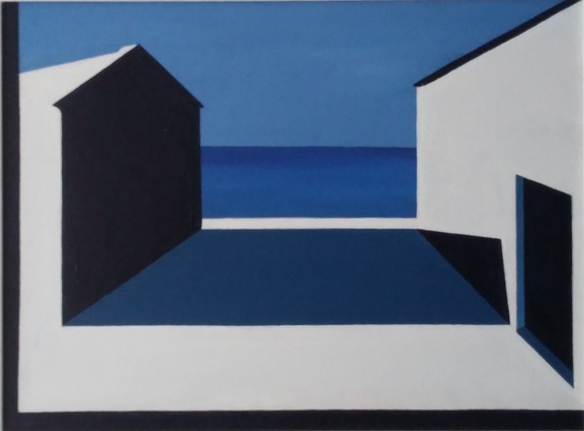 Geometric Landscape Oil Painting By Paul Heron, 20 X 16", Sea Front, Original Artwork