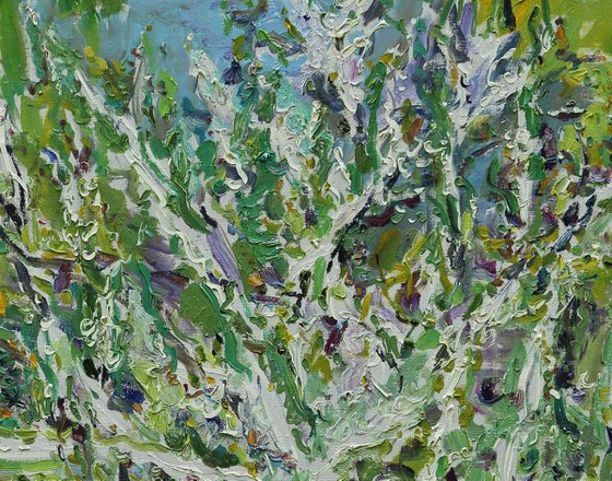 FLOWERING BUSH - Landscape, floral art, plants and trees, ecology, spring blossom, blooming bloomy bush, tree, plant,  large original oil painting
