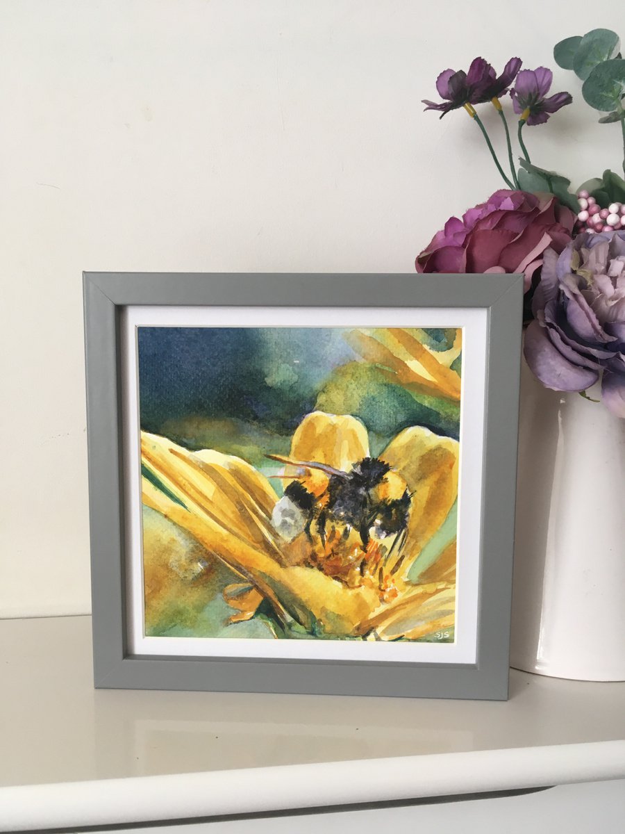 Framed Watercolour Bee on Flower by Sarah Stowe
