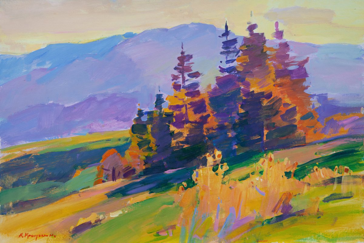 Impressionistic Landscape Acrylic Painting By Aleksandr Kryushyn, 26 X 18, Bright Evening In The Carpathians, Original Artwork