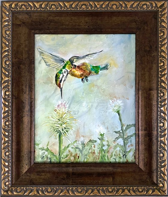 Hovering Hummingbird with Thistle Original Oil on gessoed masonite 8x10 gold/brown frame