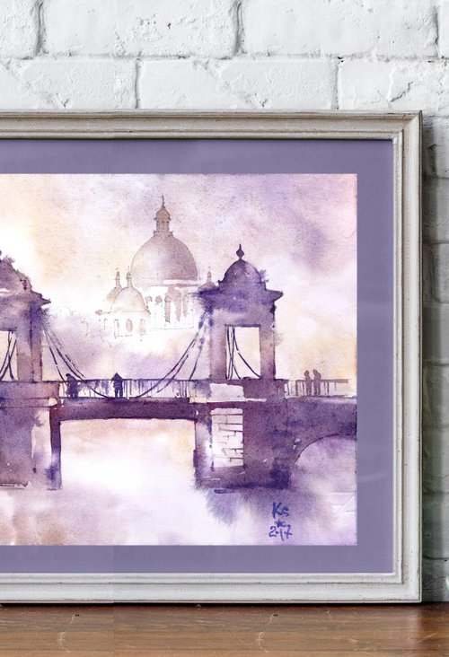 "Romantic city landscape with a bridge, St. Petersburg" architectural landscape - Original watercolor painting by Ksenia Selianko