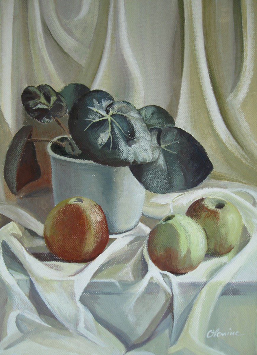 Expressive Still Life Acrylic Painting By Elena Oleniuc, 13 X 17, Apples And Plant, Original Artwork