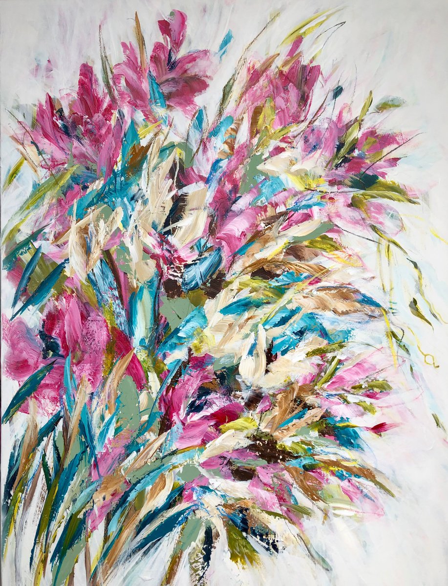 Abstract Botanical Acrylic Painting By Michelle Carolan, 30 X 40", Flourish, Original Artwork