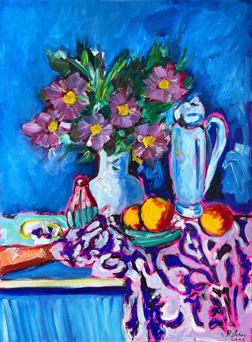 Expressive Still Life Oil Painting By Maiia Axton, 12 X 17", Still Life With Chrysanthemums, Original Artwork