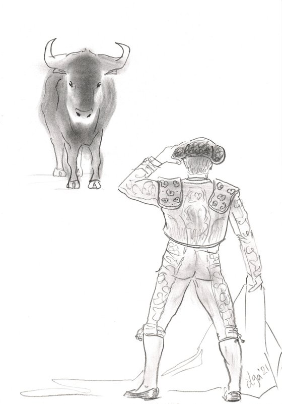 Diptych original drawings - Man and bull - Figure study - Charcoal pencil (2021)