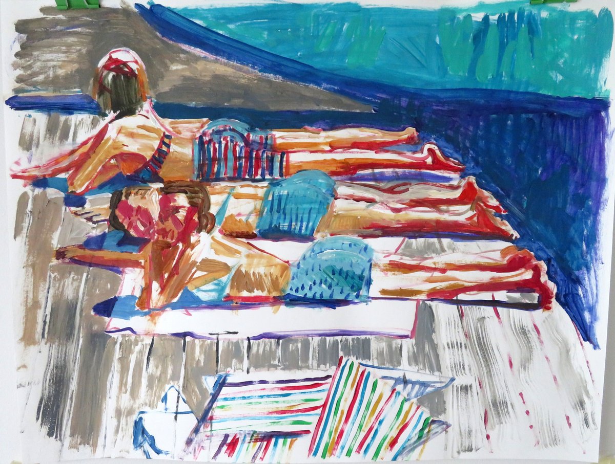 Impressionistic Landscape Acrylic Painting By Stephen Abela, 28 X 22", Three Woman Sunbathing, Original Artwork