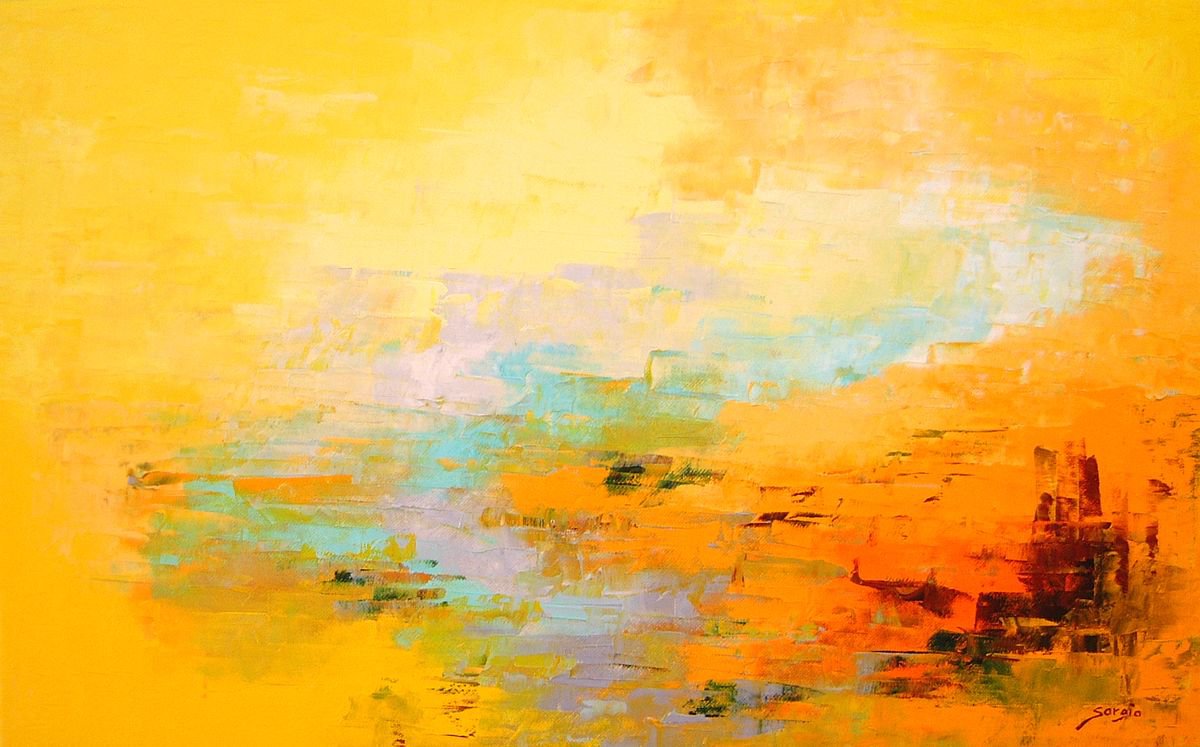 Abstract Landscape Oil Painting By Saroja Van Der Stegen, 26 X 17", Yellow Seascape (Ref#:876-12M), Original Artwork