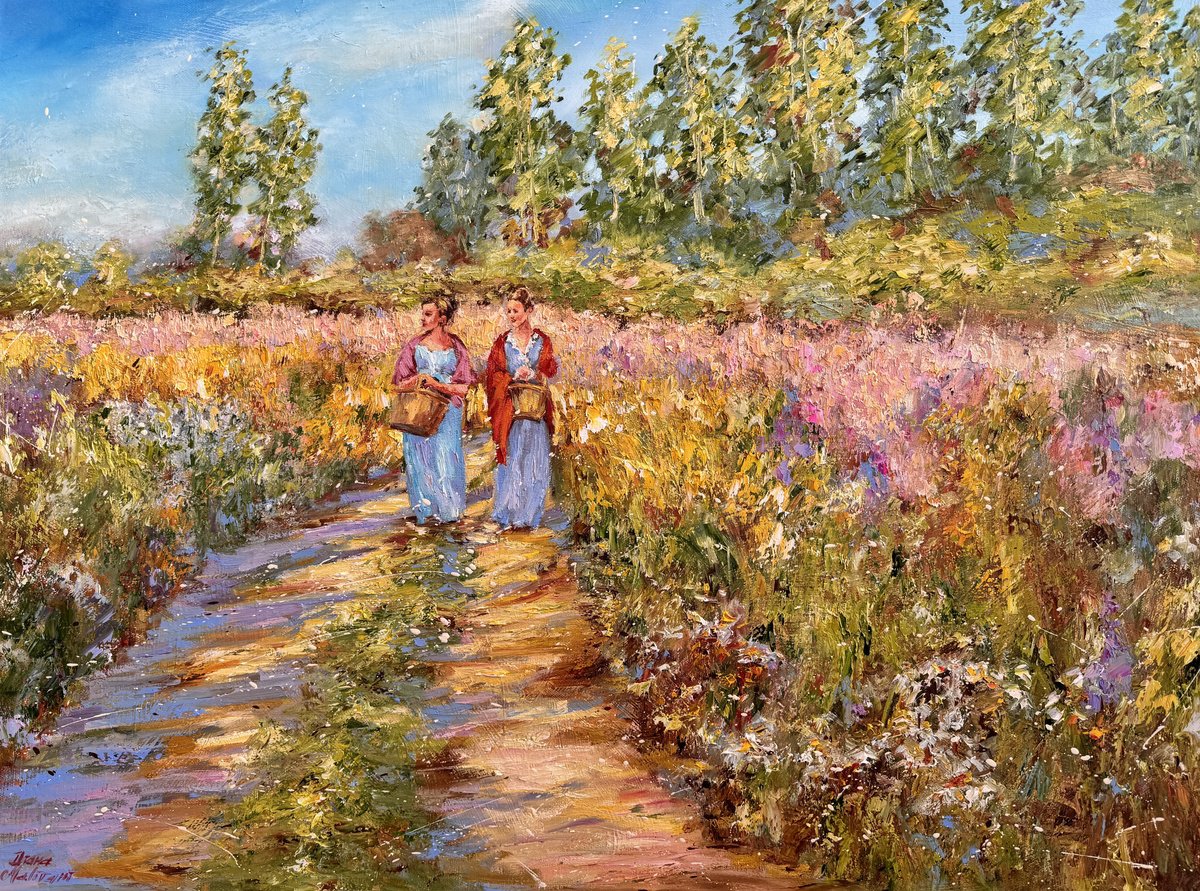 Impressionistic Landscape Oil Painting By Diana Malivani, 31 X 24, Promenade Estivale, Original Artwork
