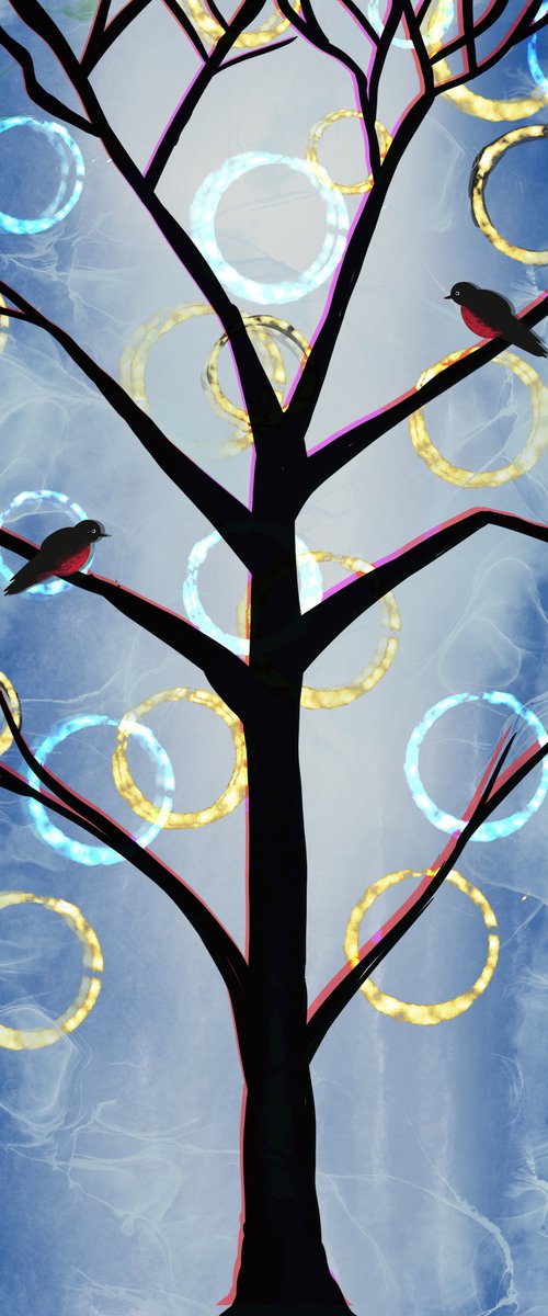 Birds of a Summer , cute lovebird tree artwork winter blue alt edition by Stuart Wright