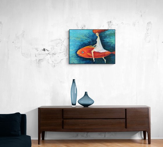 TO THE STORE TO BUY SOME BREAD (The Red Fish) - oil figurative artwork with a girl and a fish sea blue home decor gift idea