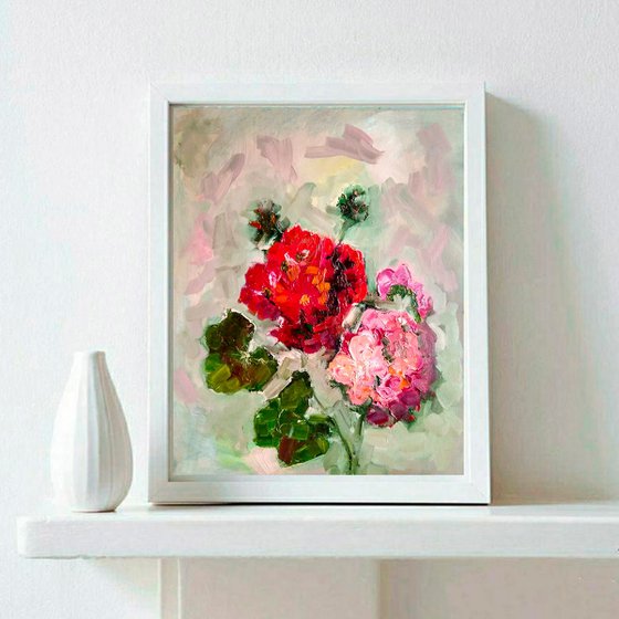 Geranium Painting Original Art Pink Floral Artwork Abstract Flower Wall Art