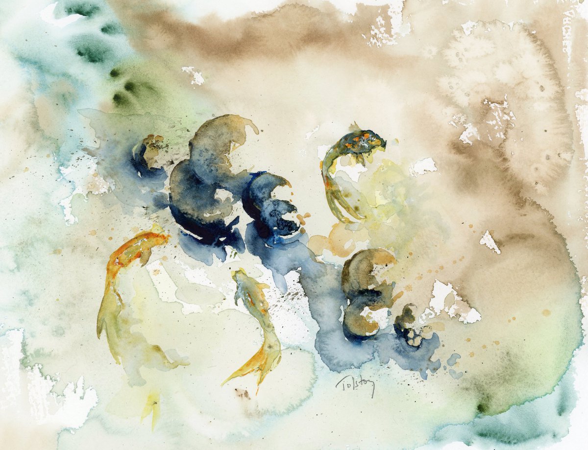 Impressionistic Animal Watercolour By Alex Tolstoy, 14 X 10, Three Koi, Original Artwork