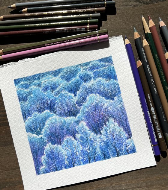 Blue forest. Miniature forest landscape. Original artwork.