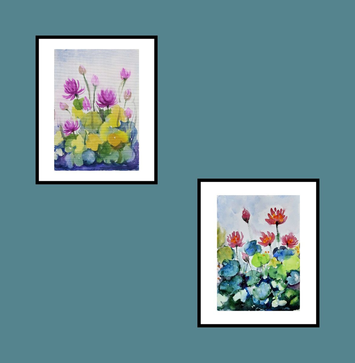 Impressionistic Botanical Watercolour By Asha Shenoy, 8 X 11, Set Of Two Water Lilies, Original Artwork