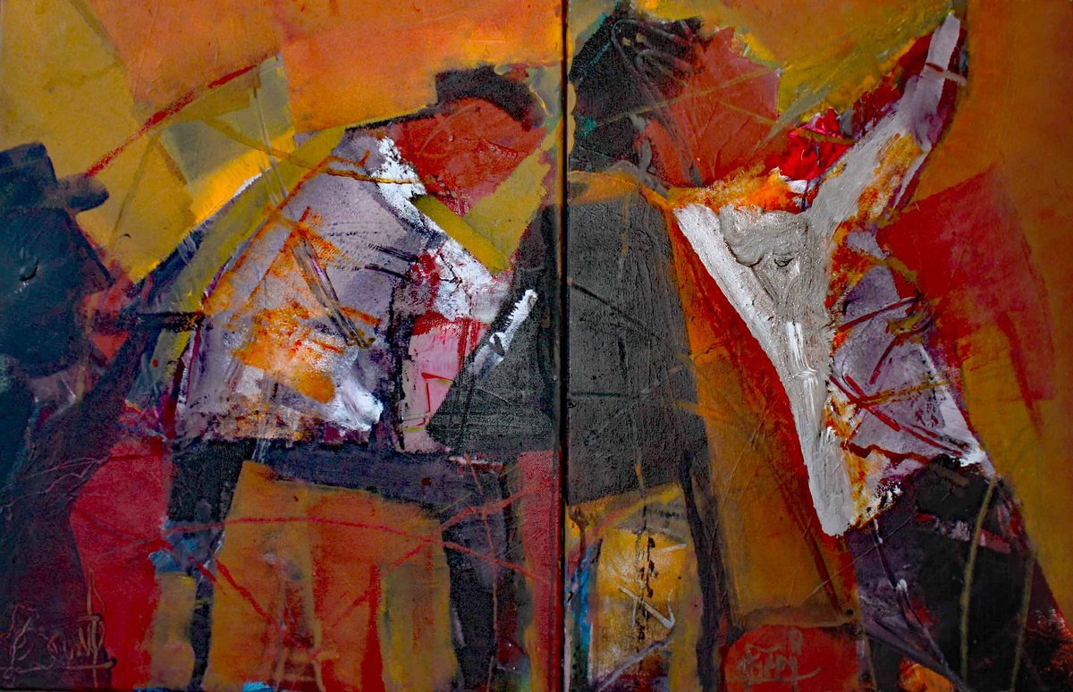 Expressive Portrait Acrylic Painting By Jacques Donneaud, 38 X 24, Pianiste Et Trompettistes, Original Artwork