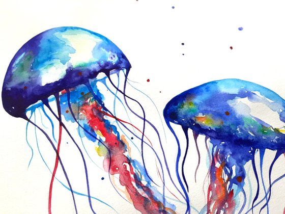 Jellyfish watercolor painting, Sea jellyfish, Watercolor art, Sea world, Wall decor, Nursery