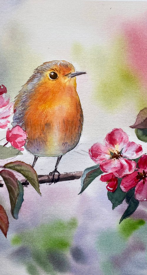 Orange Bird on Blossoming Branch original watercolor painting, spring art gift for her by Irina Povaliaeva