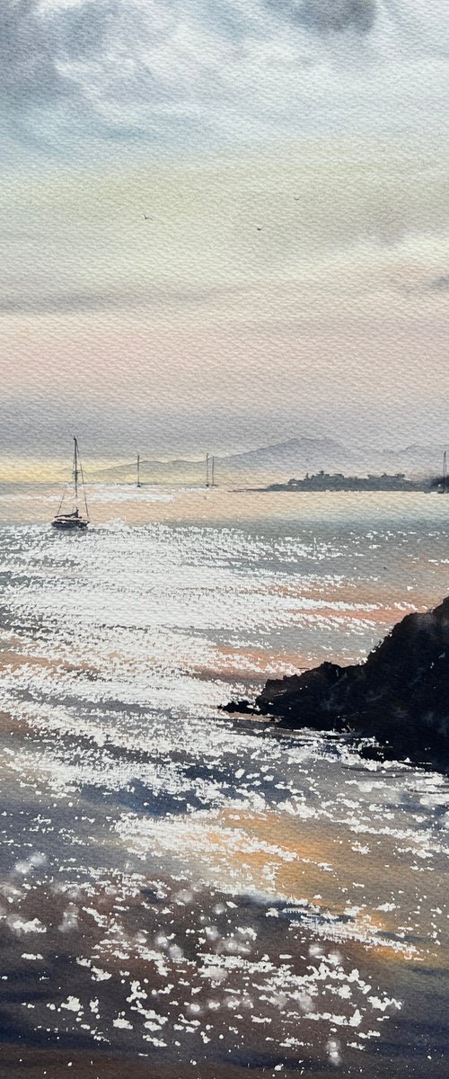 Yachts in the sunset sunlight by Eugenia Gorbacheva