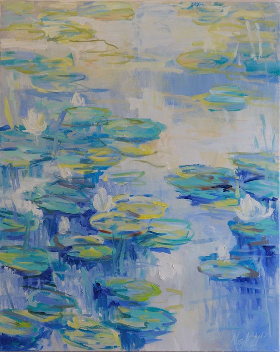 Morning water 80x100 cm water lilies pond oil landscape big painting