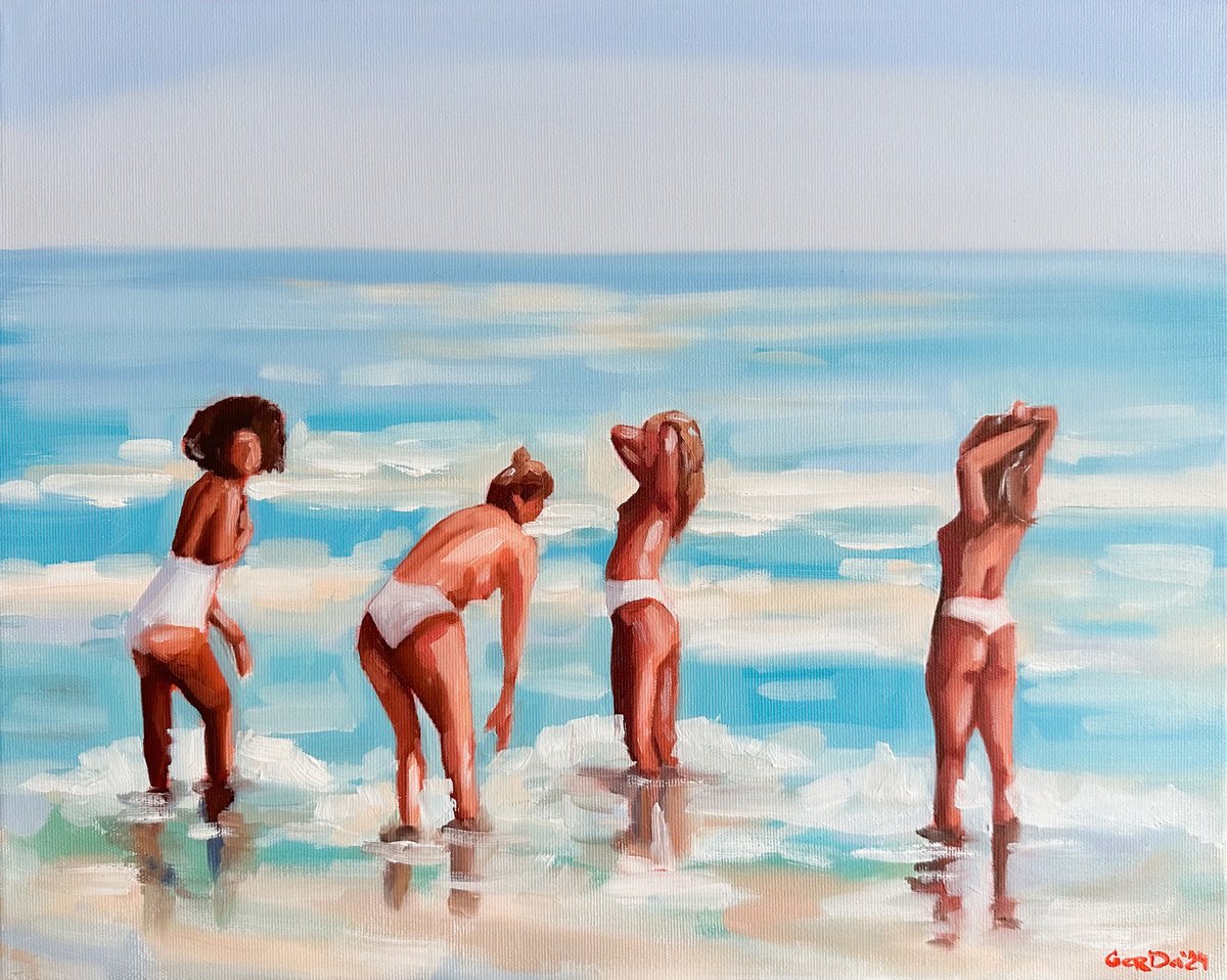 Impressionistic Landscape Oil Painting By Daria Gerasimova, 20 X 16, Swimming Girls, Original Artwork