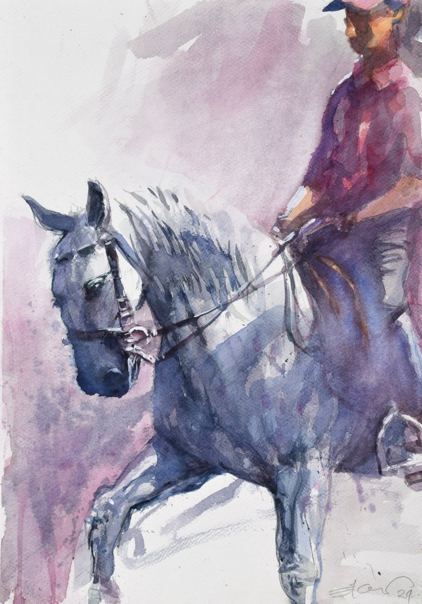 Expressive Animal Watercolour By Goran Zigolic Watercolors, 14 X 20, Raider And Horse 2, Original Artwork